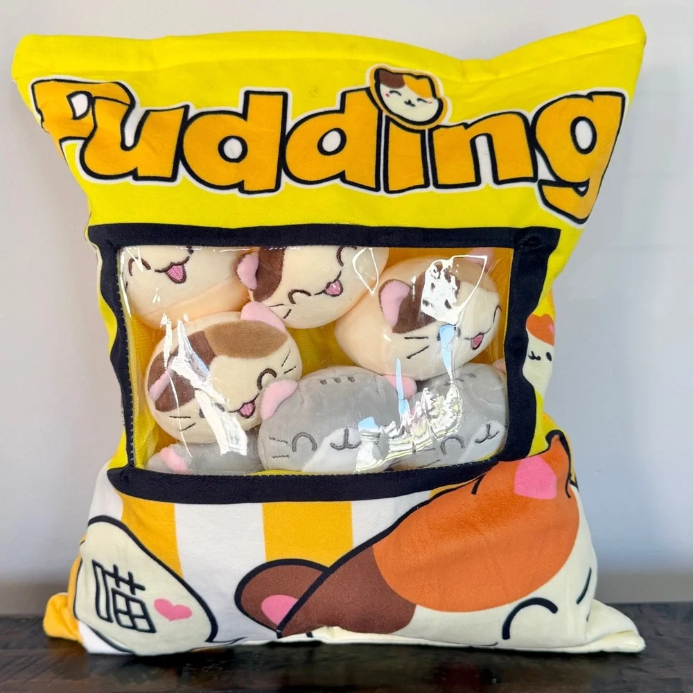 Pudding Cat Kawaii Plush Pillow with 8 Mini Stuffed Kitties Plush Toys